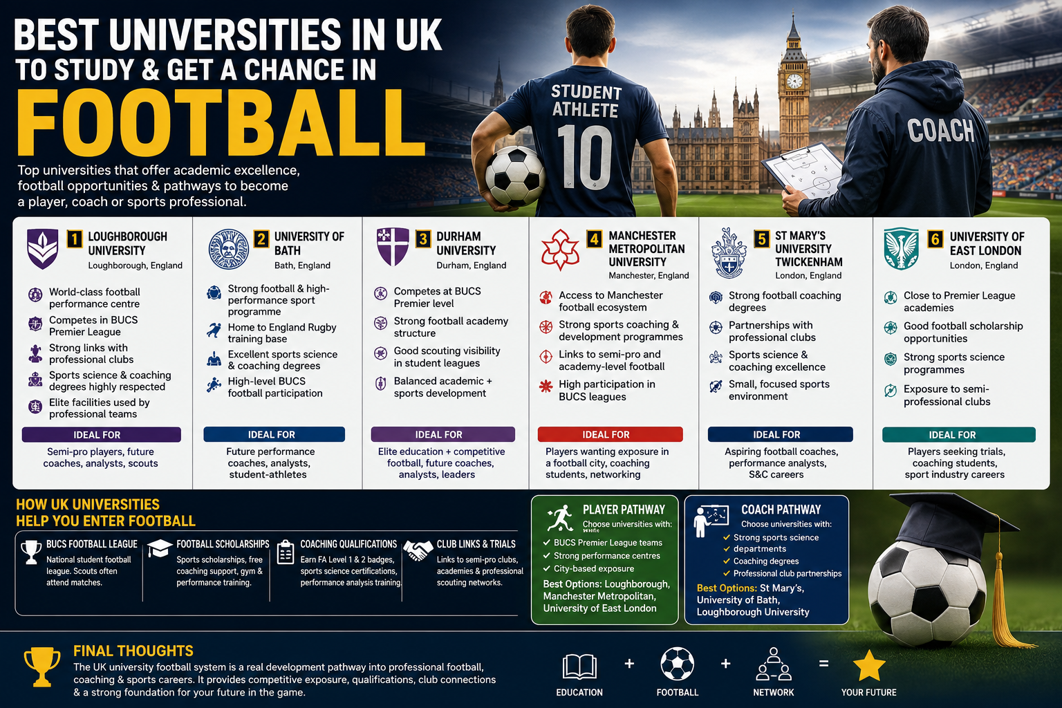 Best UK universities for football 2026: Loughborough, Bath, Durham, Manchester Metropolitan, St Mary's Twickenham and University of East London player and coach pathways infographic