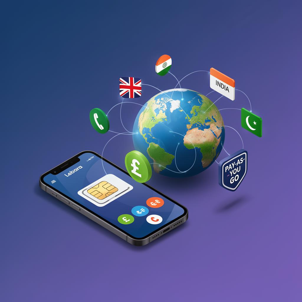 Lebara SIM card with smartphone showing international calls to India, Pakistan and Nigeria