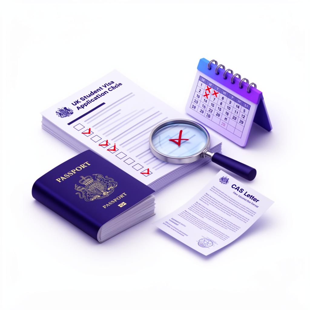 UK Student Visa application checklist with passport, CAS letter and 28-day calendar